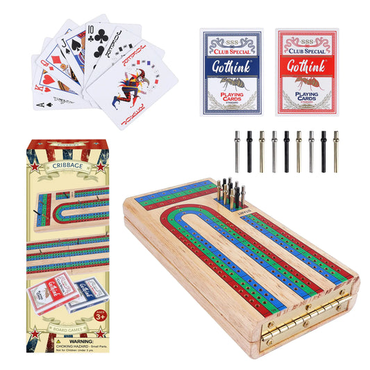 Cribbage Board Game Set w/Storage - 9 Metal Pegs 2 Decks of Playing Cards 3-Track Folding Wooden Board Games for Adults & Kids - 2-4 Player Games - Ideal for Family Game Night Travel