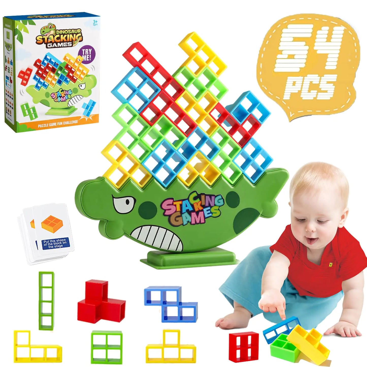 64pcs Tower Game Balance Stacking Blocks Tower Balancing Stacking Board Games Building Blocks Puzzle Toy Family Games Valentines Day Birthday Gift for Kids Adults