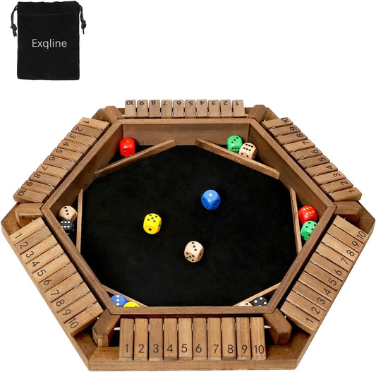 Shut The Box Game for 2-6 Players Exqline Wooden Board Table Math Game with 14 Dice 6 Way Classic Puzzle Board Games for Home Classroom or Pub