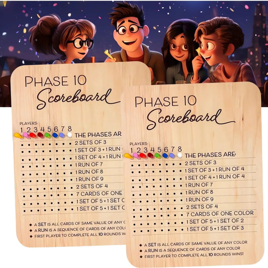 Phase 10 Score Board Phase 10 Game Scoreboard Wooden Phase Ten Scorecard and Round Tracker Phase 10 Dice Cards Game Score Sheets Classic Family Adults Board Card Game for Family Game Night (2 PCS)
