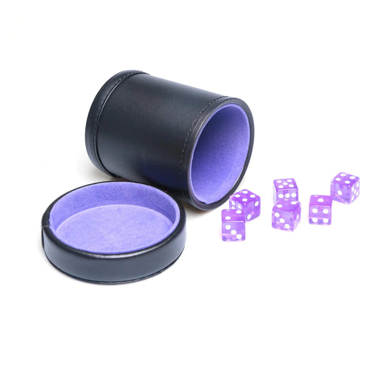 Leather Dice Cup Purple Velvet Lined Quiet Shaker with Lid Including 6 Purple Translucent Dice for Liars Dice Farkle Yahtzee Board Games